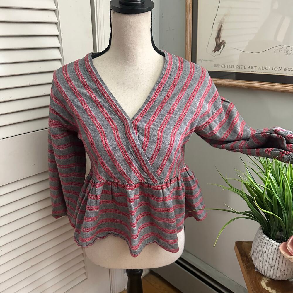Madewell Top Womens Small Gray Red Striped Peplum Balloon Sleeve Bohemian Chic